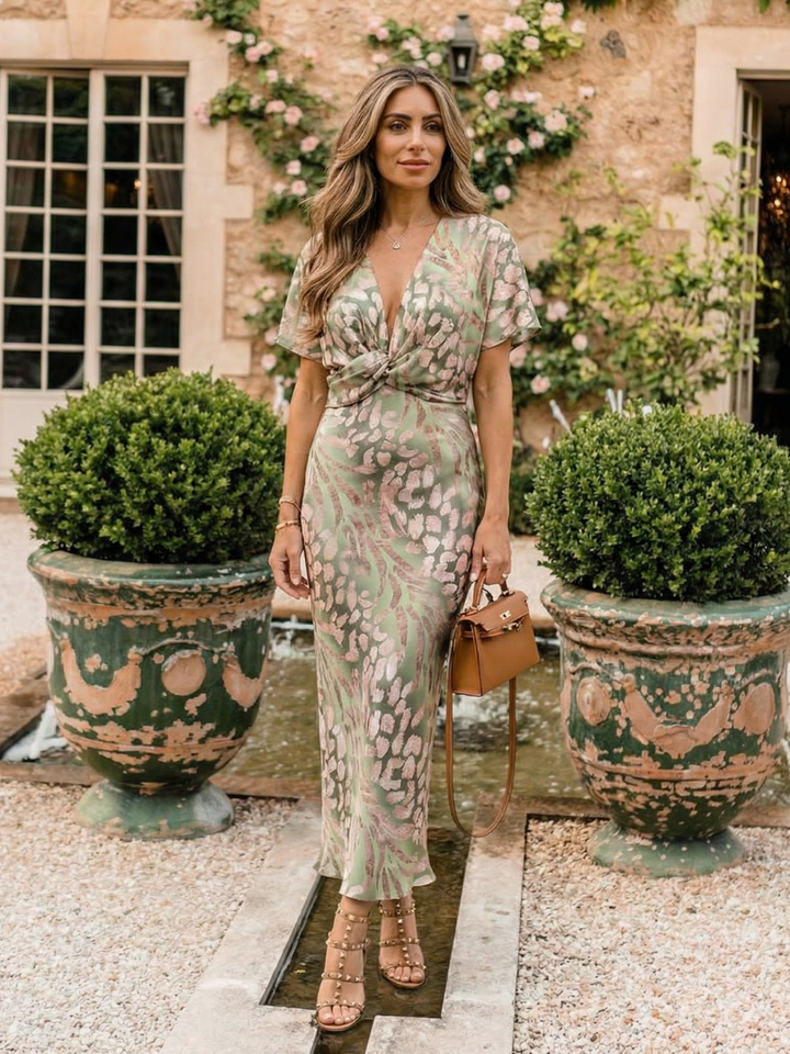 Coralie | Robe Midi à Imprimé Abstrait avec Décolleté en V et Taille Torsadée