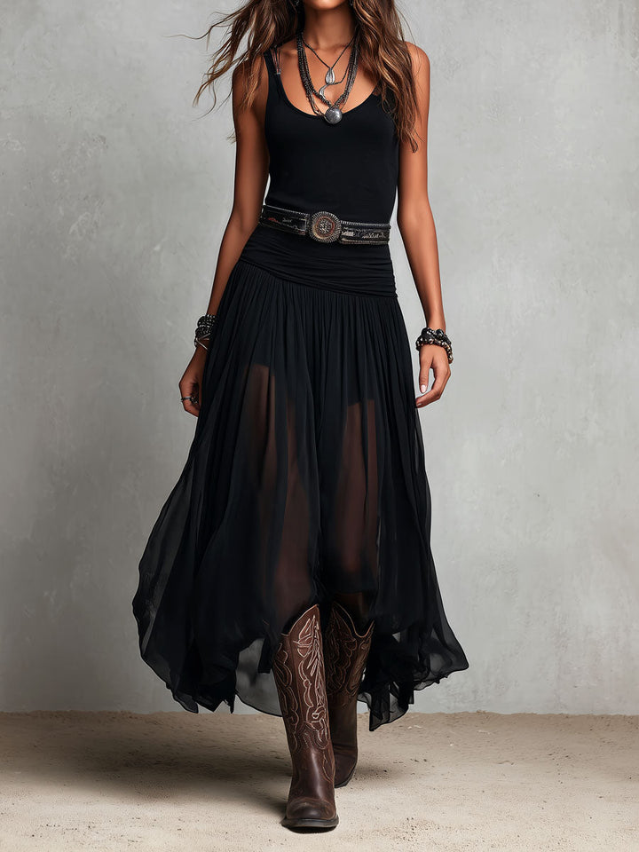 Robe Maxi Stretchy Noire Boho Western avec Jupe Transparente