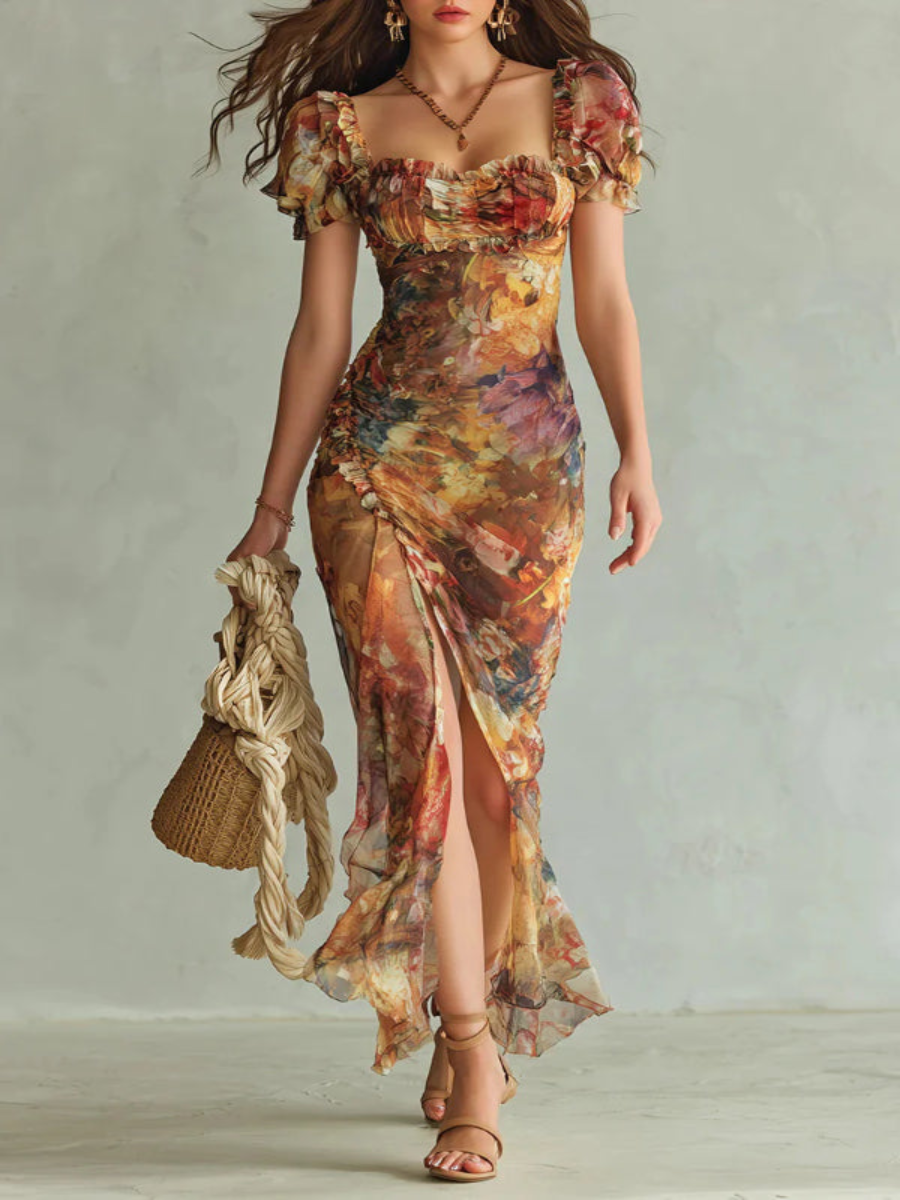 Robe Maxi Élégante avec Décolleté Carré, Manches Courtes et Rayures Florales