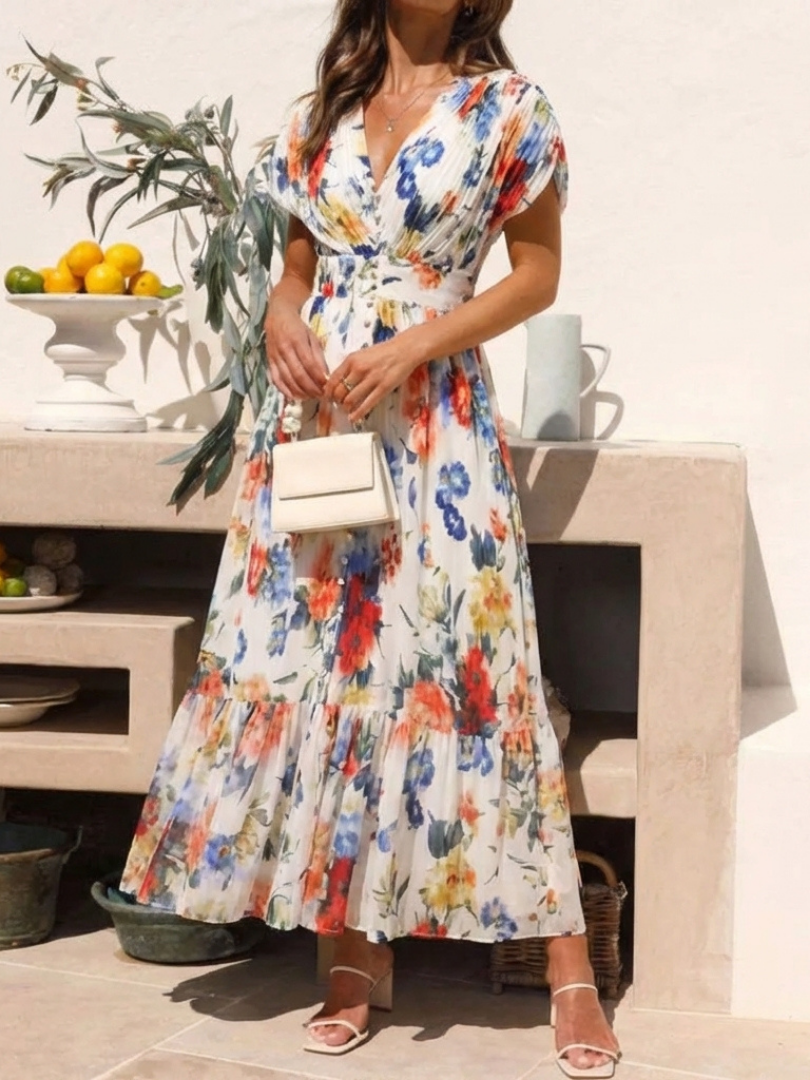 Savannah | Robe Midi Fleurie Plissée à Manches Courtes