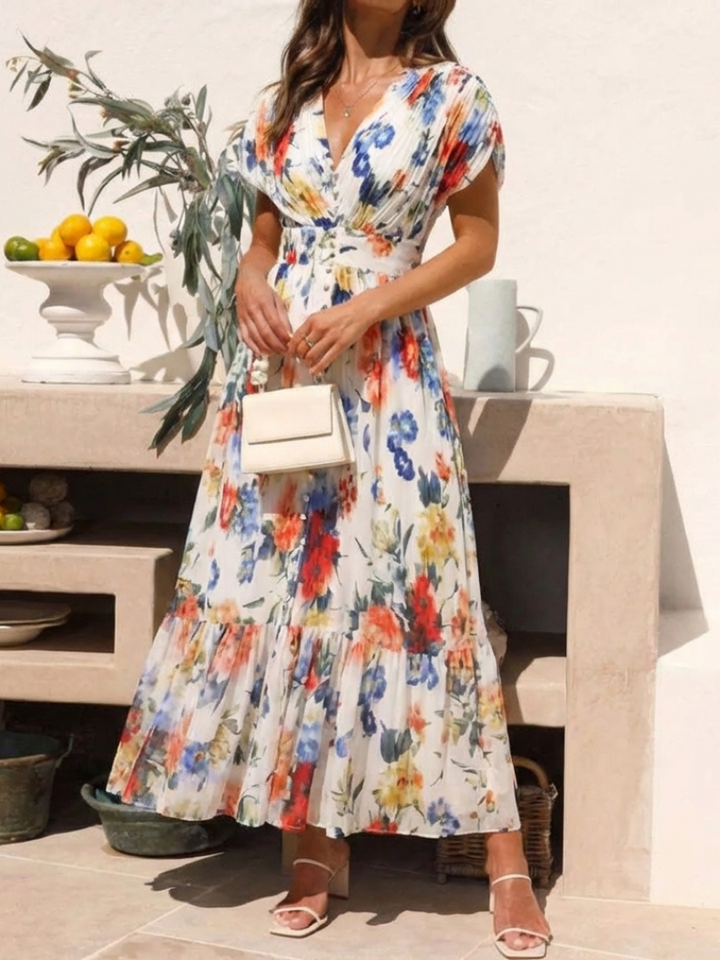 Savannah | Robe Midi Fleurie Plissée à Manches Courtes