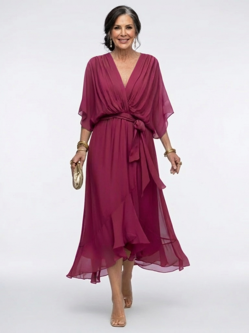 Elysia | Robe Midi Drapée à Taille Liée en V