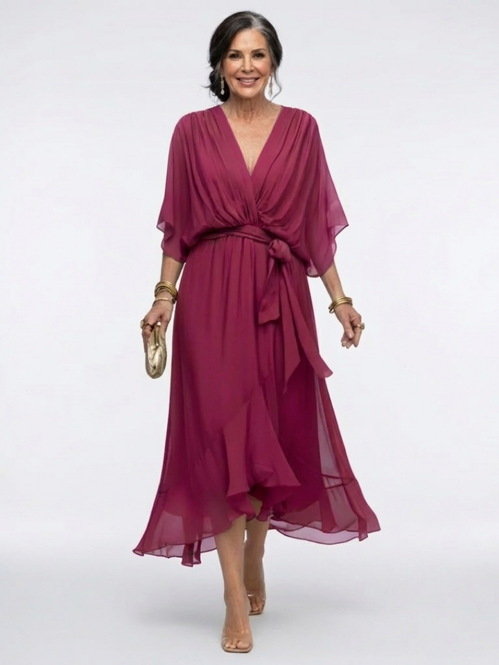 Elysia | Robe Midi Drapée à Taille Liée en V