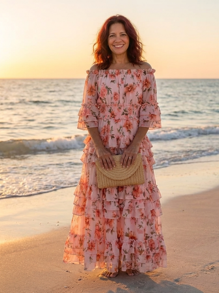 Rosalie | Robe Maxi à Volants Fleurie à Épaules Dégagées