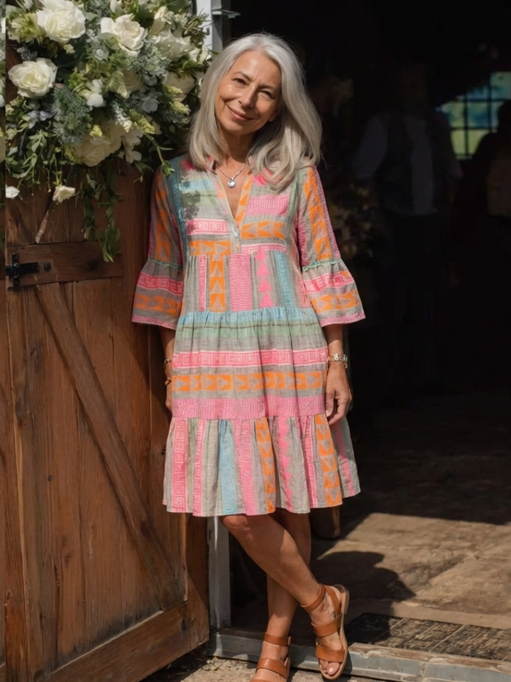Maelle | Robe à Imprimé Géométrique à Col V, Longueur Genou