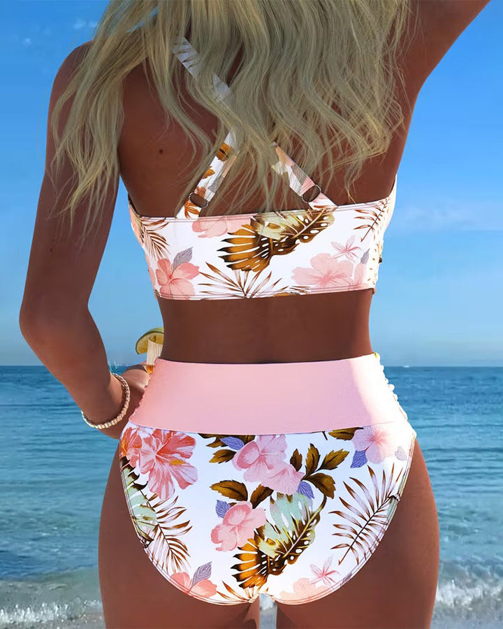 Bikini avec motif floral contrastant et fente