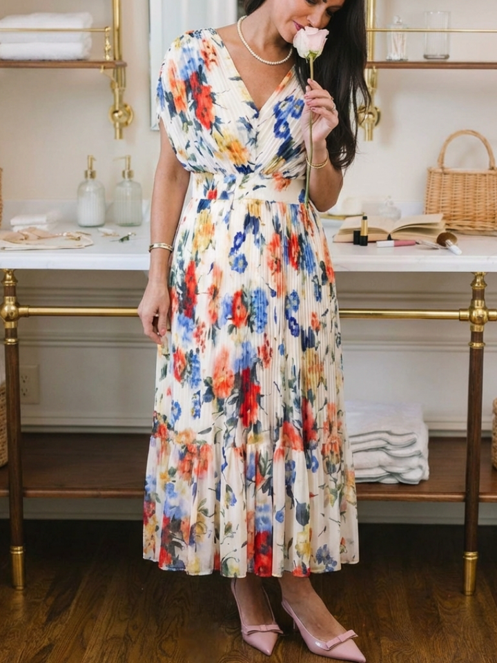 Savannah | Robe Midi Fleurie Plissée à Manches Courtes