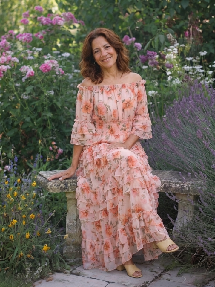 Rosalie | Robe Maxi à Volants Fleurie à Épaules Dégagées