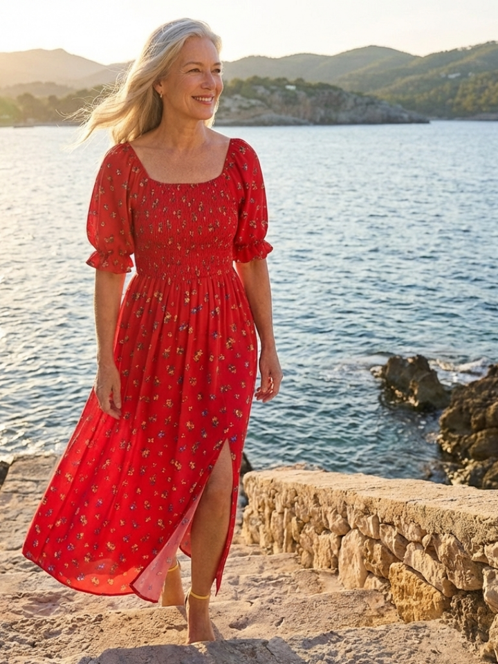Delphine | Robe Midi à Encolure Carrée avec Manches Bouffantes Florales
