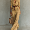 Robe Maxi Longue avec Col Revers et Manches Longues pour Femmes