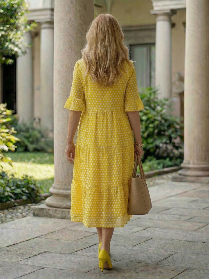 Arlo | Robe Midi à Volants à Pois à Manches Courtes