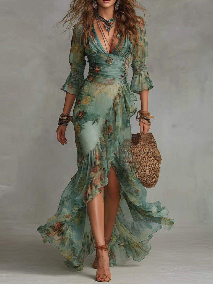 Aurora - robe longue florale boho avec ourlet asymétrique romantique