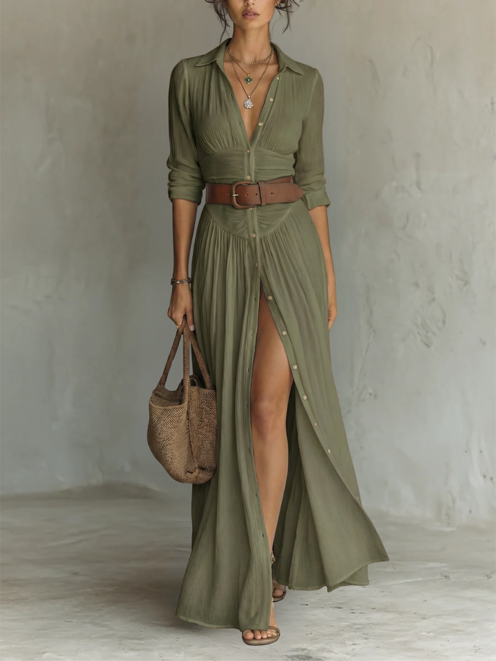 Robe Maxi Longue avec Col Revers et Manches Longues en Lin pour Femme