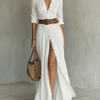 Robe Maxi Longue avec Col Revers et Manches Longues en Lin pour Femme