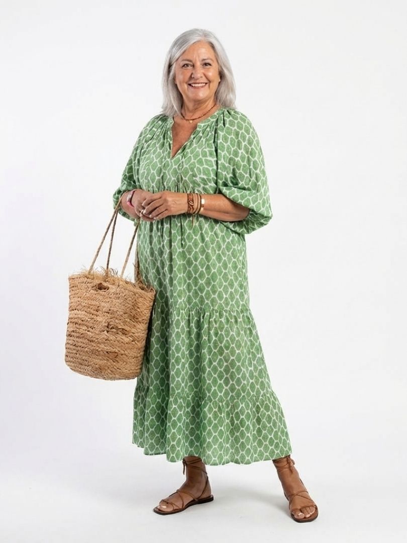 Apolline | Robe Midi à Manches Trois Quarts et Col V à Motifs
