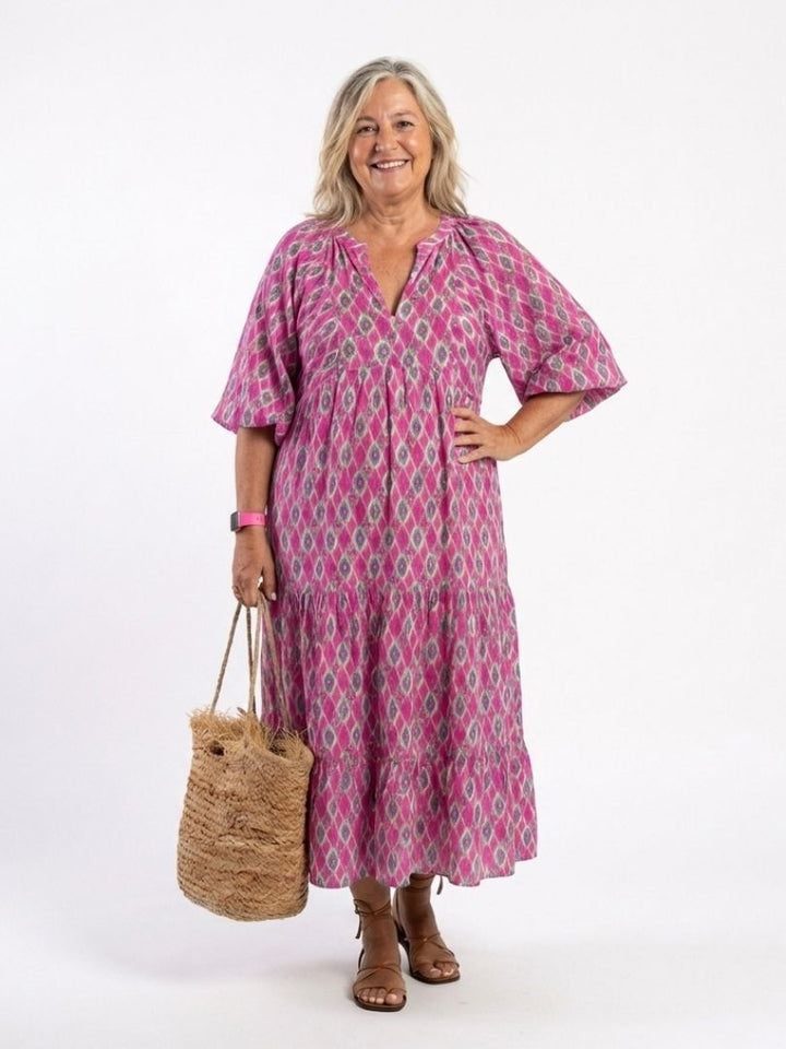 Apolline | Robe Midi à Manches Trois Quarts et Col V à Motifs