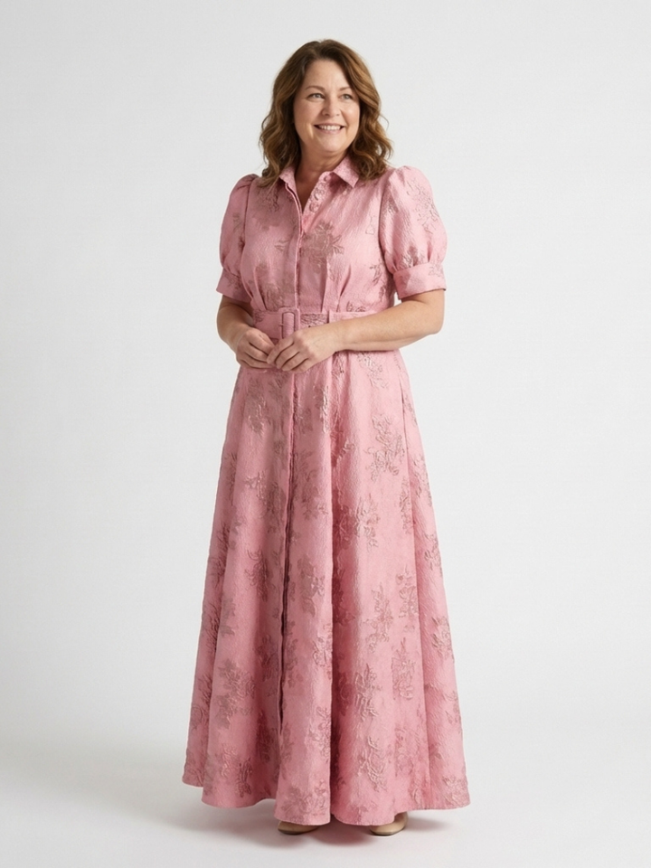 Xanthea | Robe chemise maxi à manches courtes et ceinture florale texturée