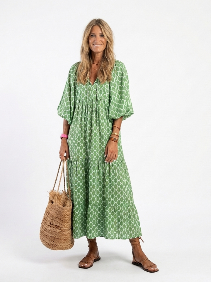 Apolline | Robe Midi à Manches Trois Quarts et Col V à Motifs