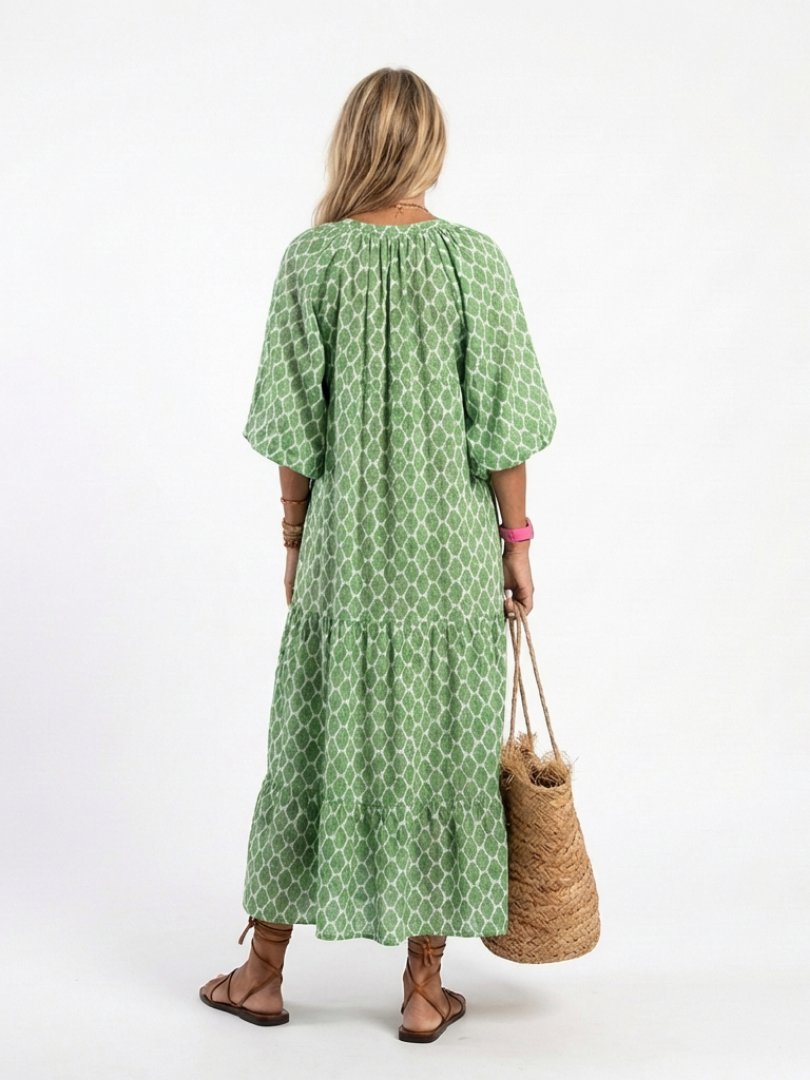 Apolline | Robe Midi à Manches Trois Quarts et Col V à Motifs