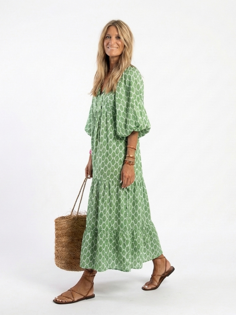Apolline | Robe Midi à Manches Trois Quarts et Col V à Motifs