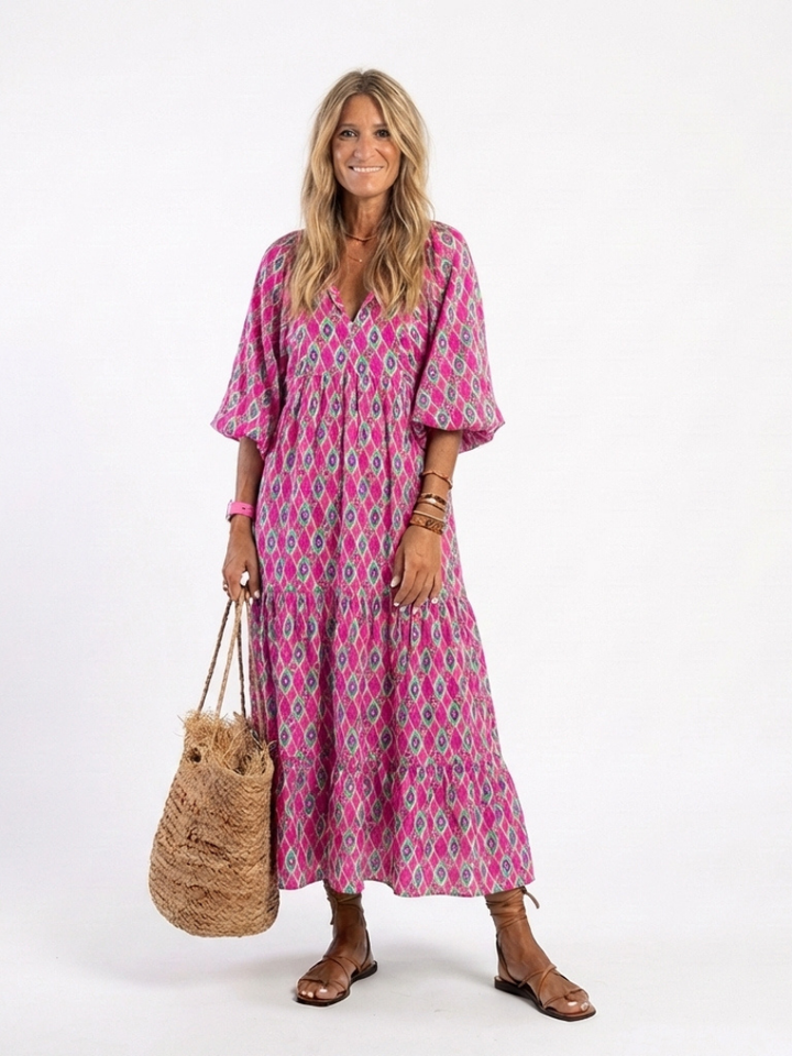 Apolline | Robe Midi à Manches Trois Quarts et Col V à Motifs
