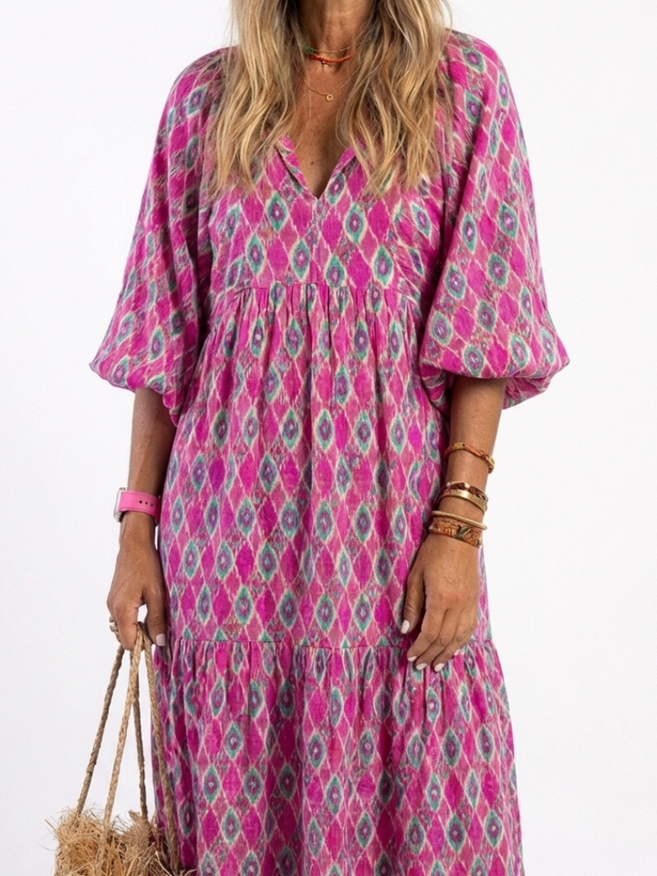Apolline | Robe Midi à Manches Trois Quarts et Col V à Motifs