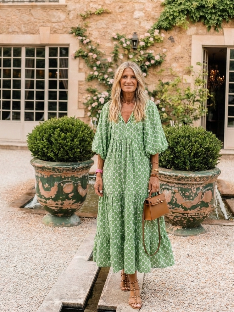 Apolline | Robe Midi à Manches Trois Quarts et Col V à Motifs