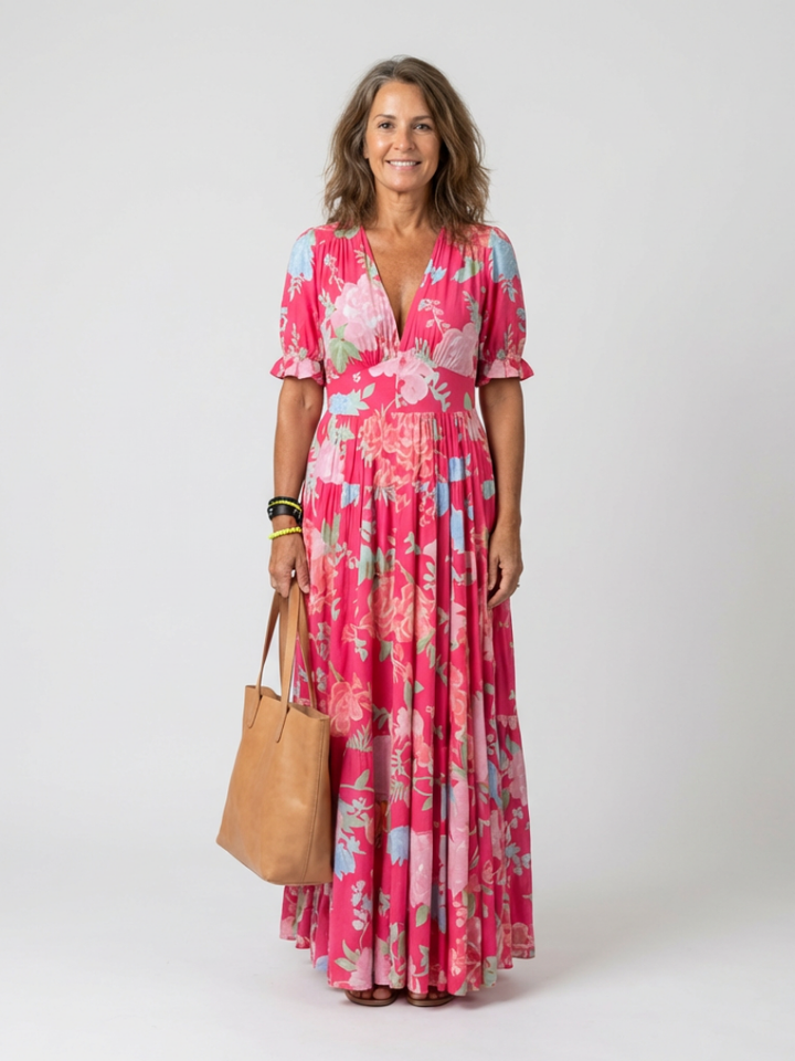 Ione | Robe midi florale à manches courtes et décolleté en V