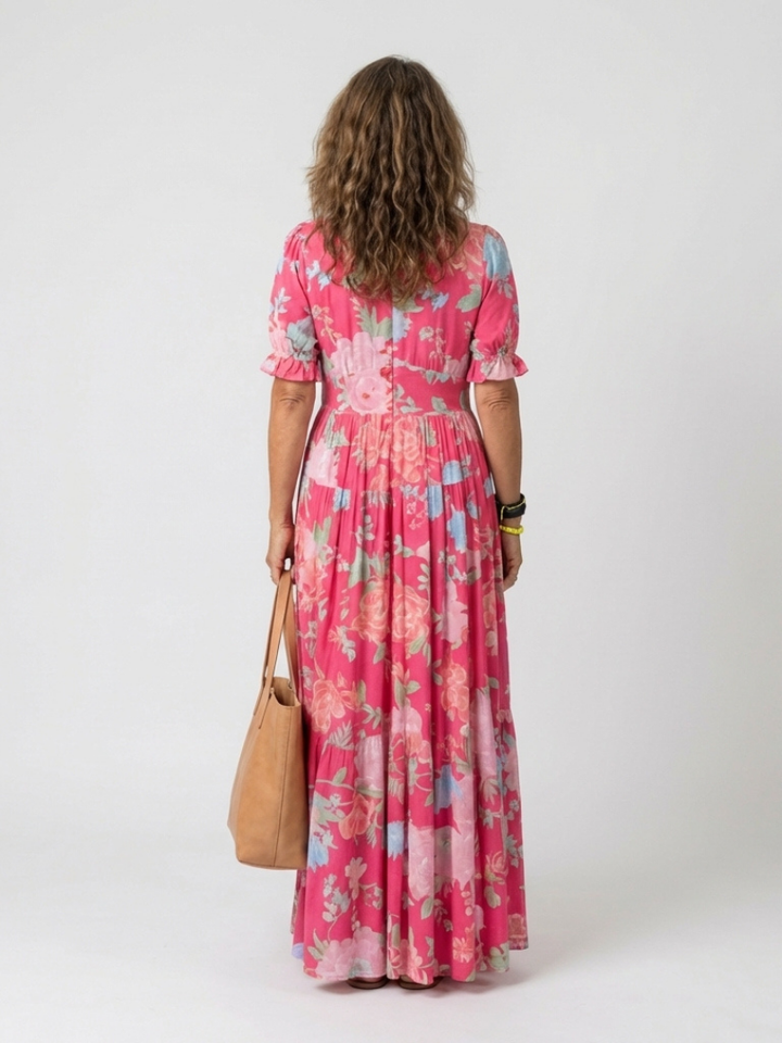 Ione | Robe midi florale à manches courtes et décolleté en V