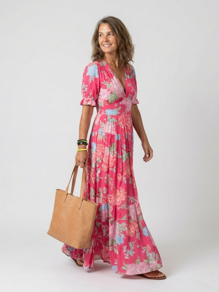 Ione | Robe midi florale à manches courtes et décolleté en V
