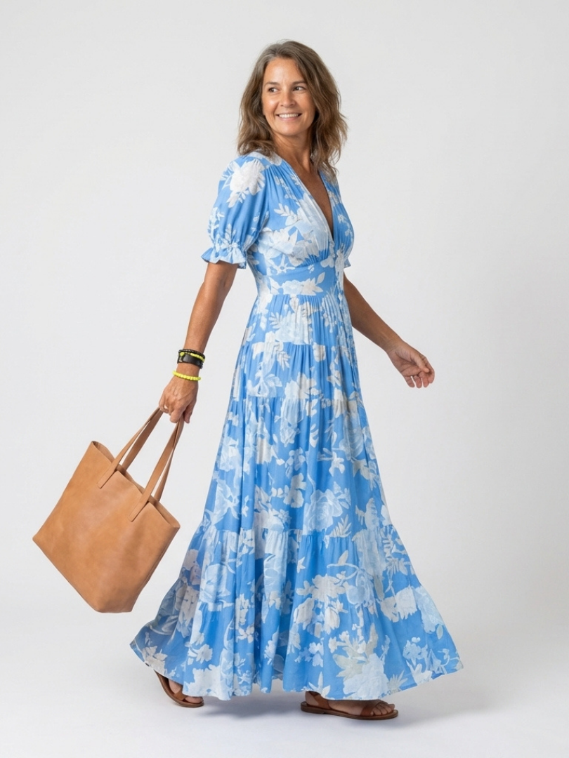Ione | Robe midi florale à manches courtes et décolleté en V