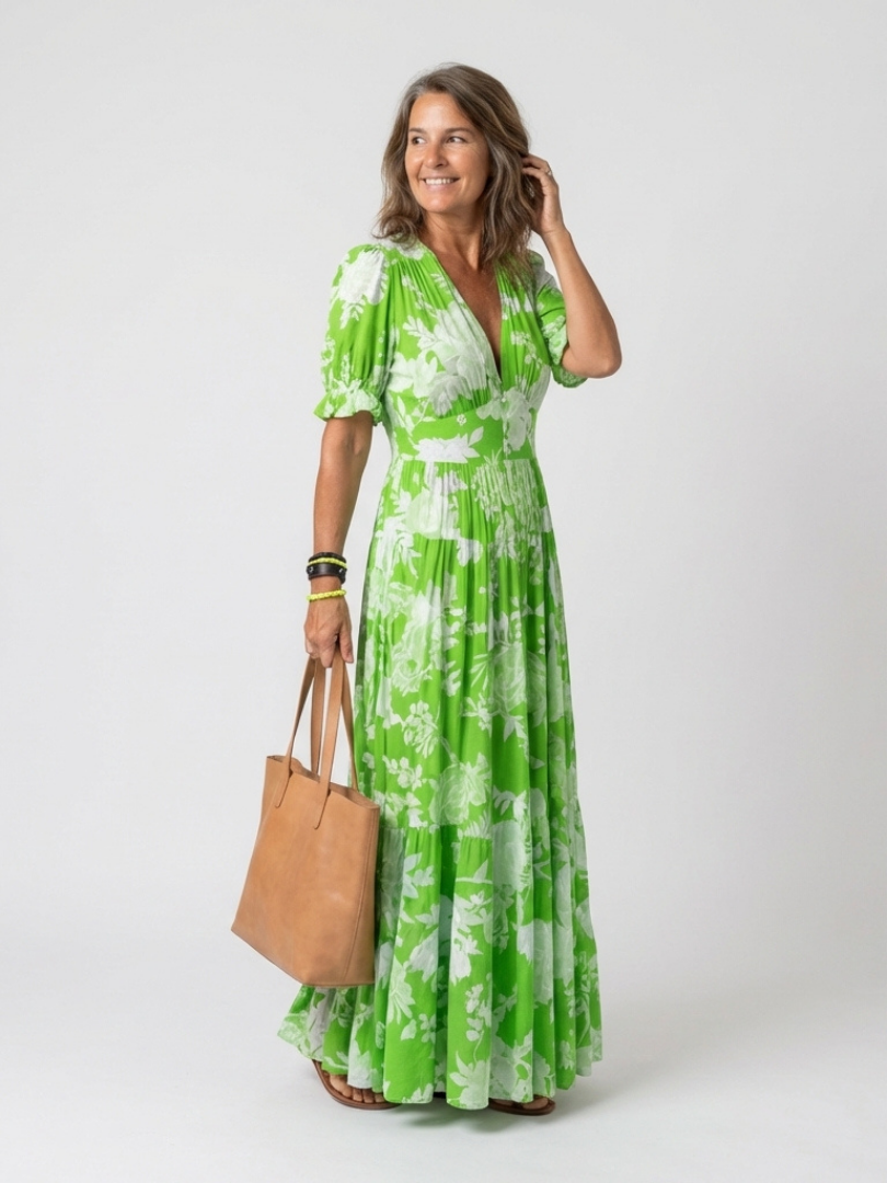 Ione | Robe midi florale à manches courtes et décolleté en V