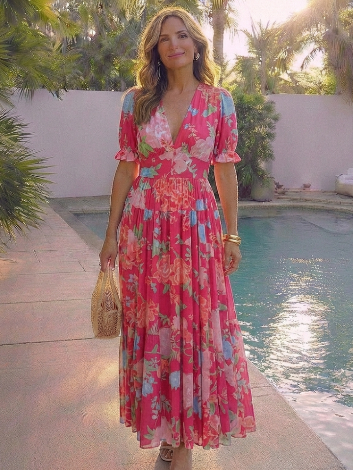 Ione | Robe midi florale à manches courtes et décolleté en V