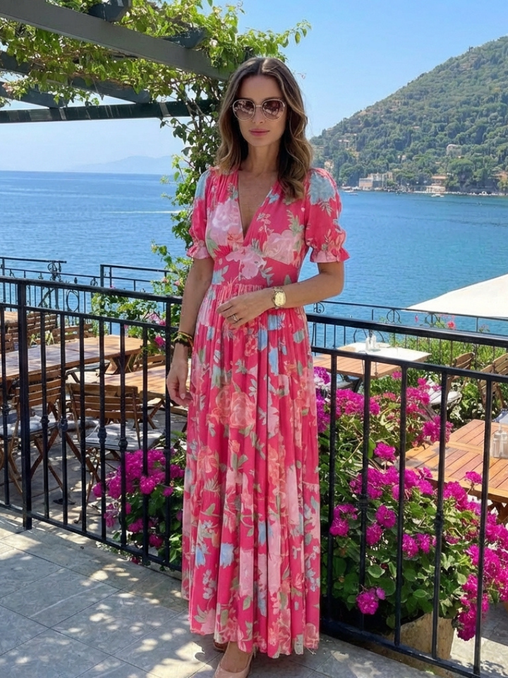 Ione | Robe midi florale à manches courtes et décolleté en V