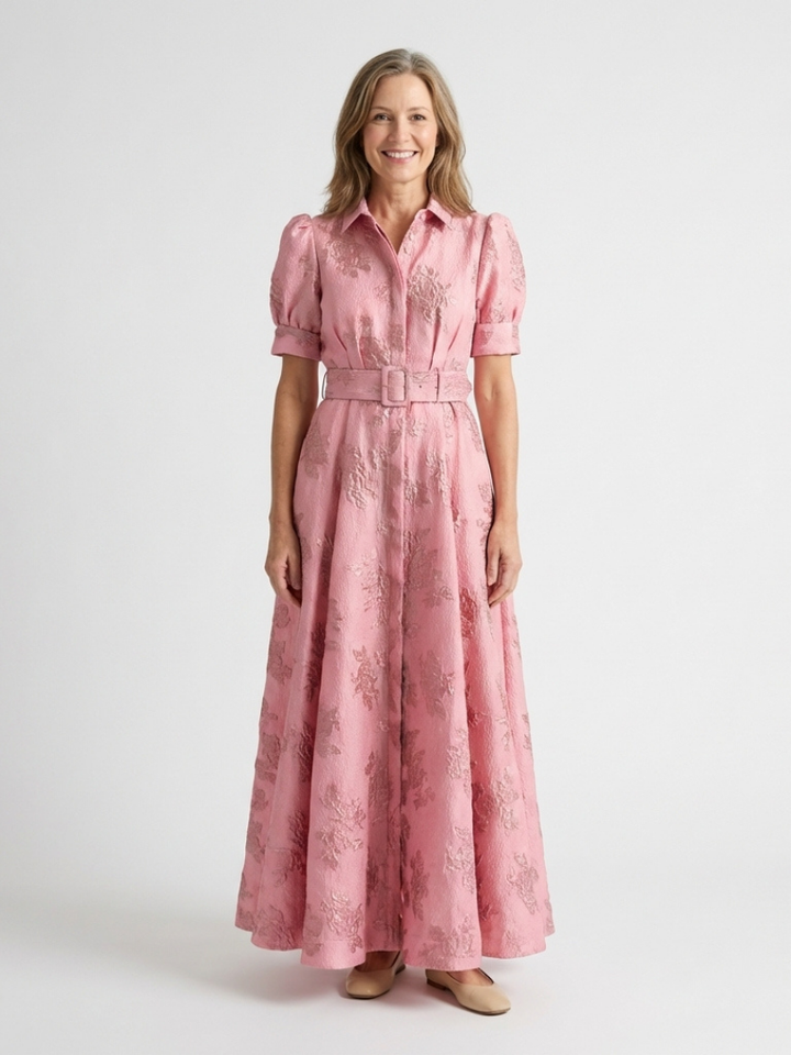 Xanthea | Robe chemise maxi à manches courtes et ceinture florale texturée