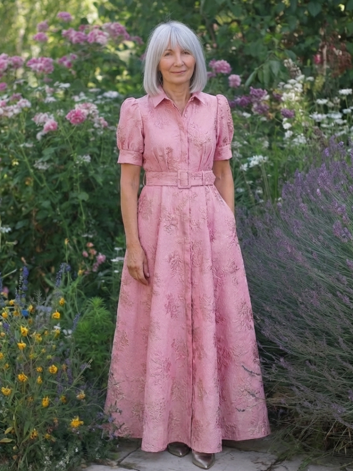 Xanthea | Robe chemise maxi à manches courtes et ceinture florale texturée