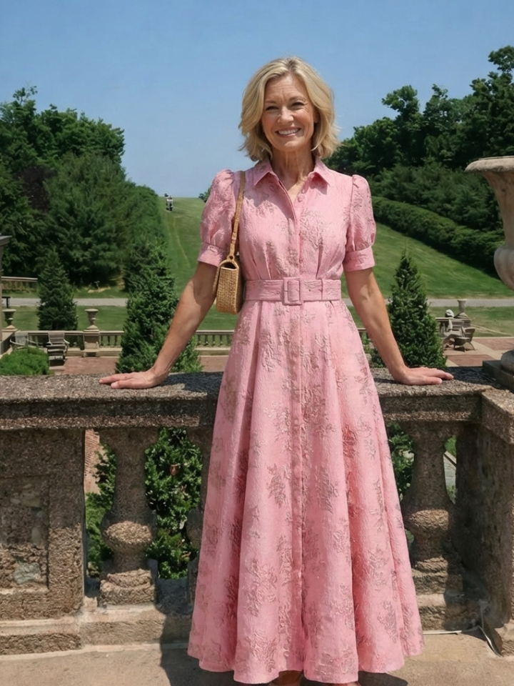 Xanthea | Robe chemise maxi à manches courtes et ceinture florale texturée