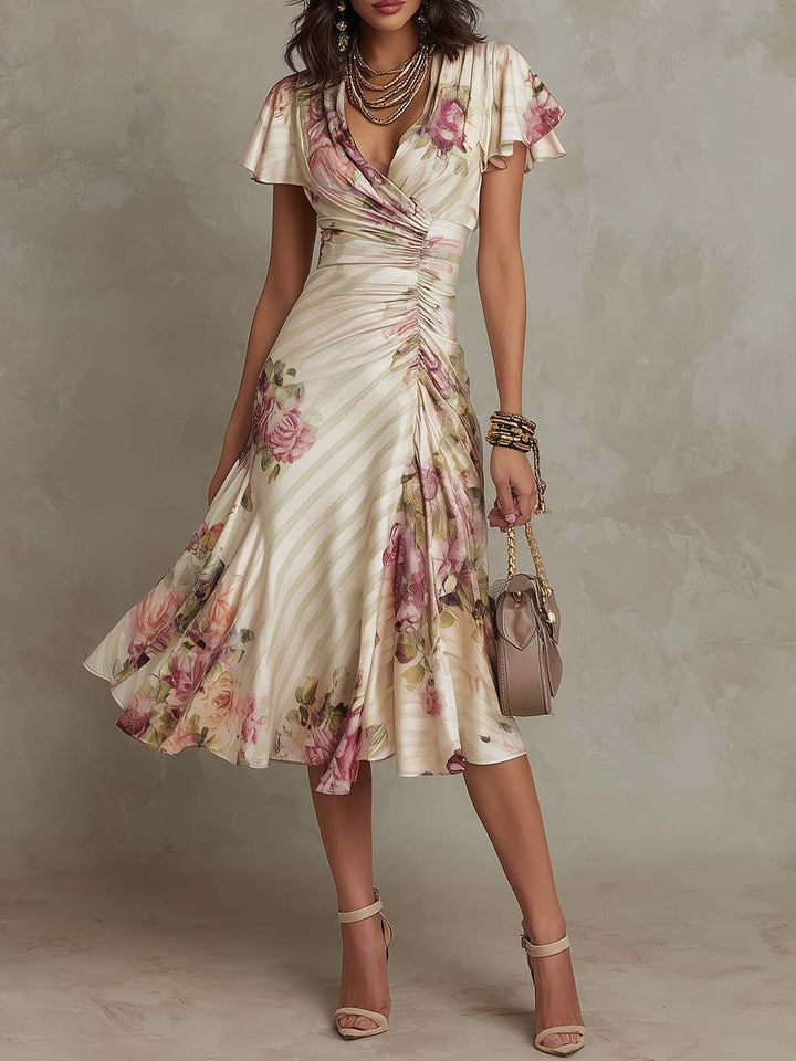 Alba - Robe midi en satin floral élégante rétro