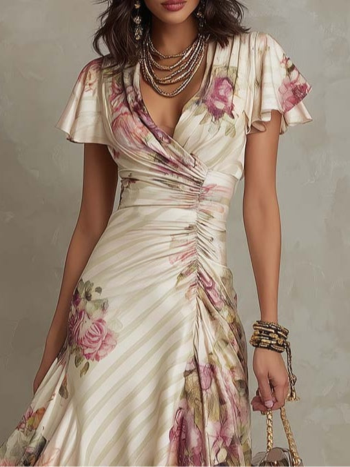 Alba - Robe midi en satin floral élégante rétro