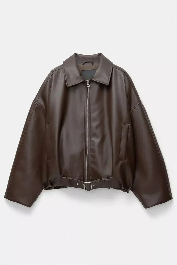 Elara · Veste en cuir marron élégante