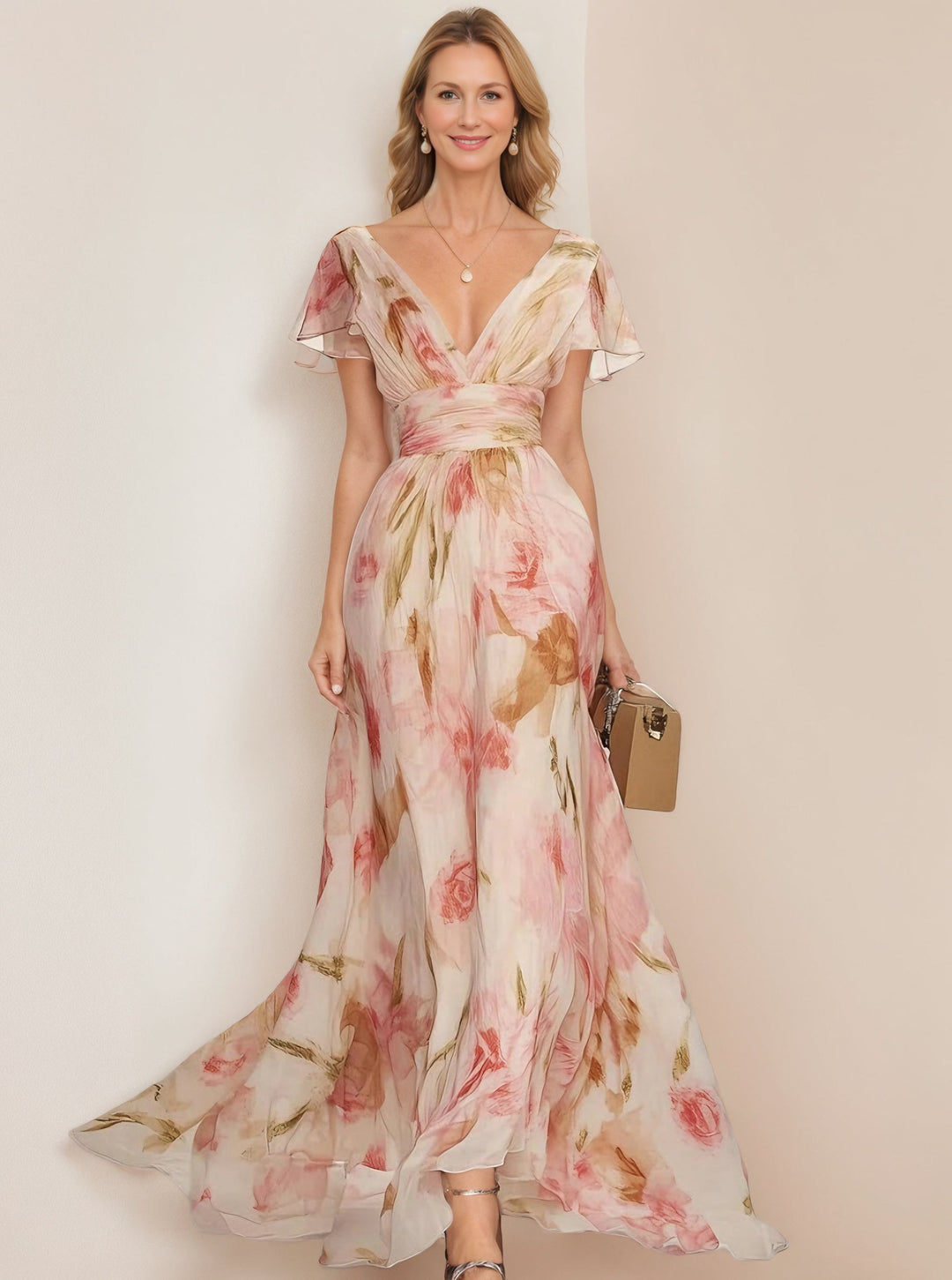 Robe avec Décolleté en V et Manches Courtes Imprimée Fleurie avec Volants