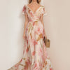 Robe avec Décolleté en V et Manches Courtes Imprimée Fleurie avec Volants
