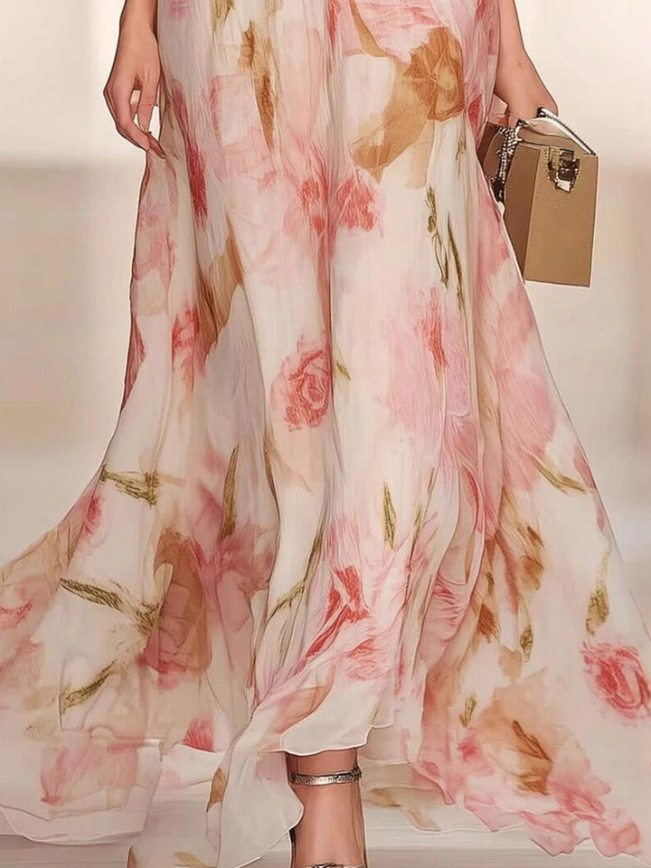 Robe avec Décolleté en V et Manches Courtes Imprimée Fleurie avec Volants