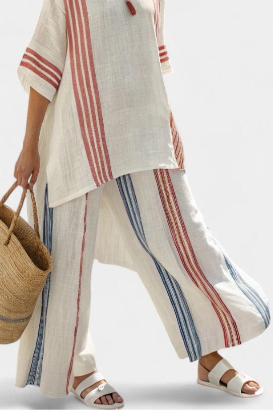 Solvane | Haut à Rayures Multicolores Sophistiqué & Pantalons Méditerranéens