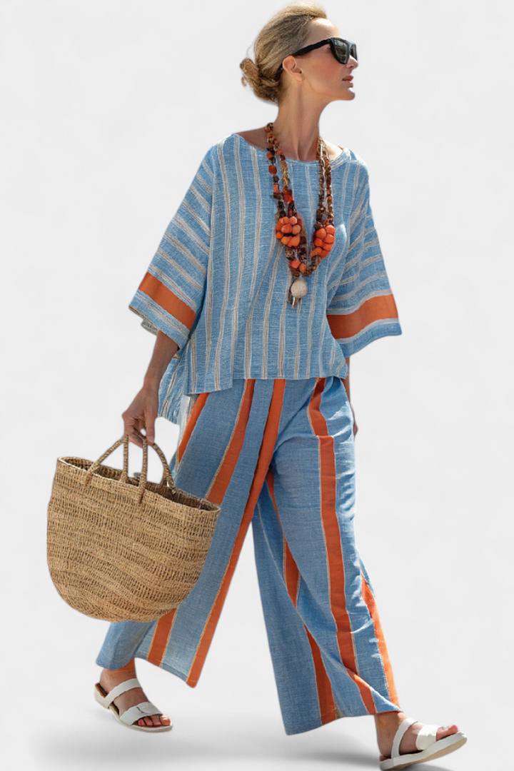 Velmere | Haut Rayé Terracotta Sophistiqué & Pantalons en Lin