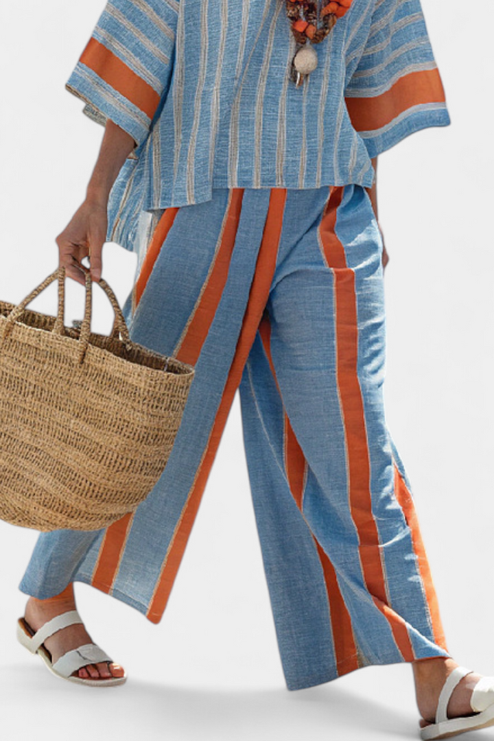 Velmere | Haut Rayé Terracotta Sophistiqué & Pantalons en Lin