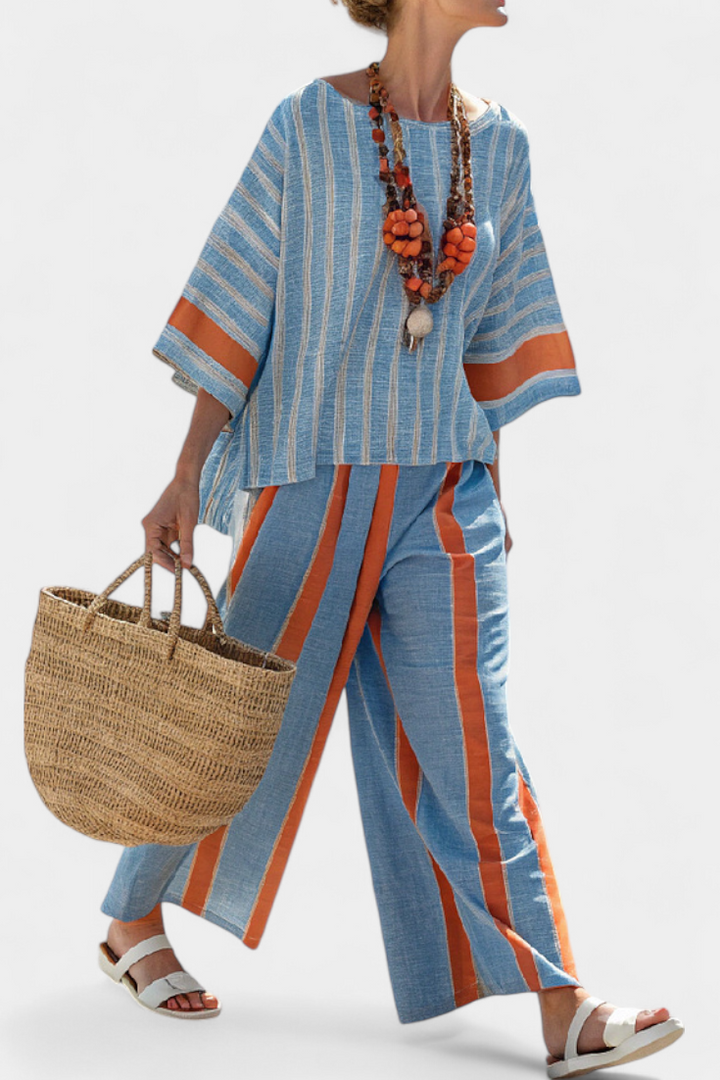 Velmere | Haut Rayé Terracotta Sophistiqué & Pantalons en Lin