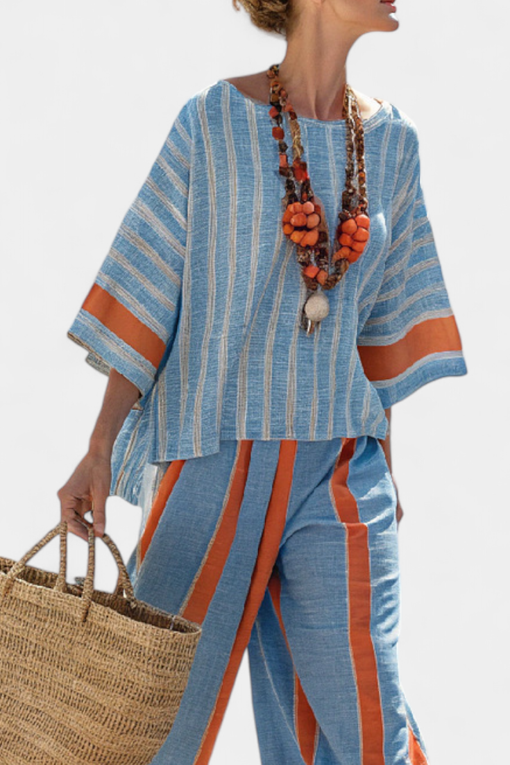 Velmere | Haut Rayé Terracotta Sophistiqué & Pantalons en Lin