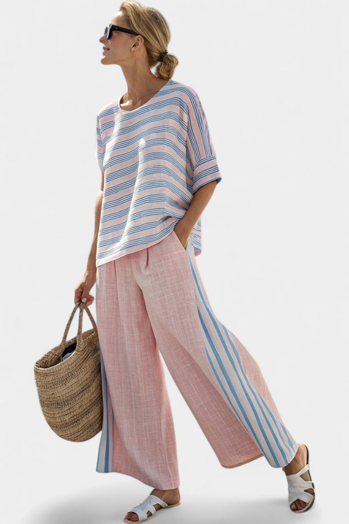 Virella | Blouse en Lin Élégante Rose-Bleue & Pantalons Doux