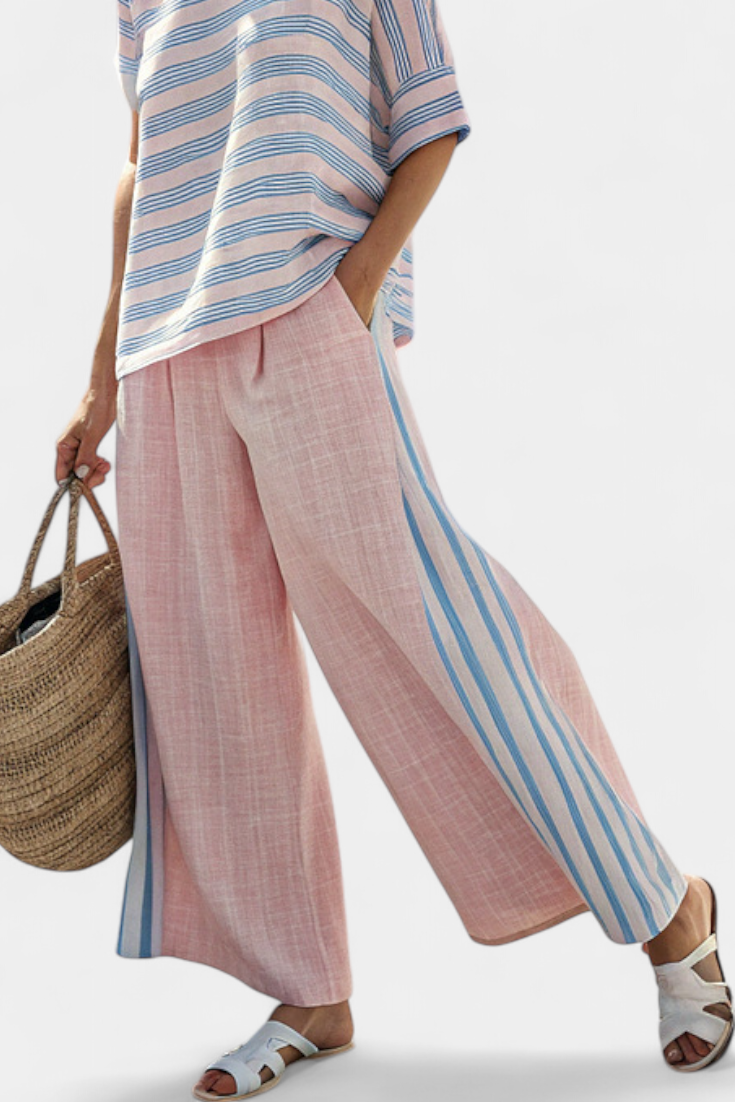 Virella | Blouse en Lin Élégante Rose-Bleue & Pantalons Doux